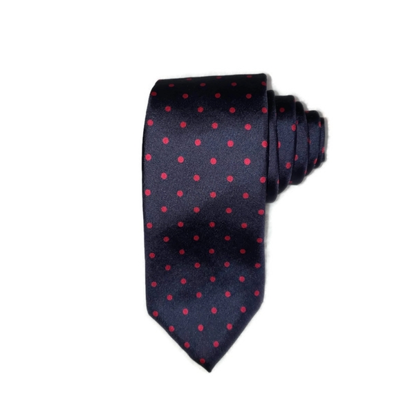 John Henry 100% Italian silk mens tie navy blue with red polka-dots - Picture 7 of 9